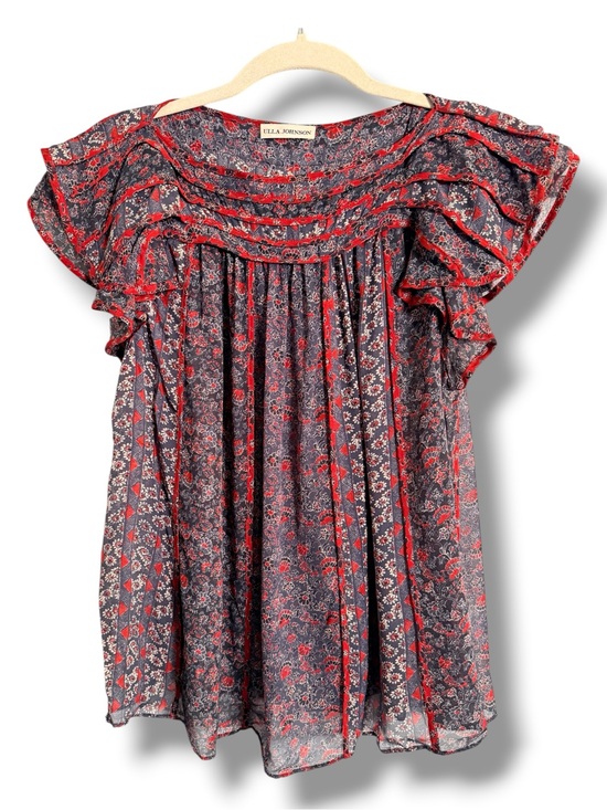 Ulla Johnson Tops - Ulla Johnson Red and Navy Floral Ruffle Cap-Sleeve Top